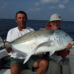 Patrice & Chris with a big Giant Trevally, Maldives.